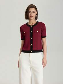 Color Block Button Down Short Sleeve Casual Knitted Cardigan - Multicolor - View 6