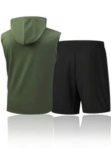 Summer Sports Set, Boyfriend Style Men's Fitness Loose Round Neck Short Sleeve T-Shirt With Running, Casual Sports Clothes, Athletic Suit, Tracksuit Boyfriend Style Men Shorts Set Boyfriend Style Men Two Pieces Outfits - Army Green - View 2