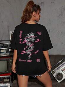 男女款休闲龙纹印花短袖 T 恤，时尚街头风格通勤 T 恤，适合春夏四季