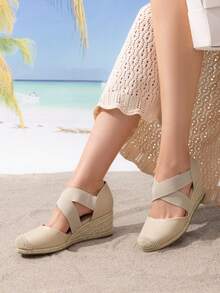 Women's Close Toe Espadrilles Platform Slip On Elastic  Cross Straps Dressy Wedges Sandals Matching Dress - Màu be - Xem 3