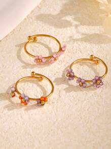 1 pieza de anillo decorativo de acero inoxidable de la serie de flores de colores de moda de verano, con diseños multicolor, blanco, rojo, morado y rosa, de diseño casual, versátil y elegante, apilable, adecuado para el uso diario, vacaciones y viajes de las mujeres, con accesorios enchapados en oro de 18K