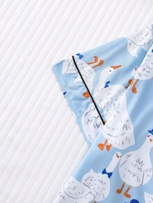 2 pezzi Set pigiama da donna, stampa a paperelle, abbigliamento da casa, outfit primaverile/estivo, top a maniche corte con bavero e pantaloncini, abbigliamento da relax - Blu - Visualizzare 4