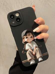 动漫 1 件黑色双马尾女孩可爱简约图案全覆盖 TPU 防震手机壳兼容 Apple 16 15 14 13 12 11 Pro Max，适用于系列防水防摔防刮 - 彩色 - 查看 2