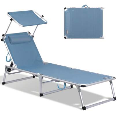 HOMECALL Lettino da giardino, lettino prendisole leggero e pieghevole in alluminio, lettino da spiaggia, monoblocco, schienale regolabile in 5 posizioni, parasole, fino a 136 kg (con ombrellone e cuscino - blu)
