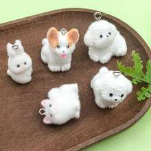 2/5 件可爱树脂柯基犬泰迪兔雕像饰物，带毛绒树脂 3D 动物吊坠，适用于 DIY 钥匙扣手链项链耳环珠宝制作工艺品配件 - 白色 - 查看 3