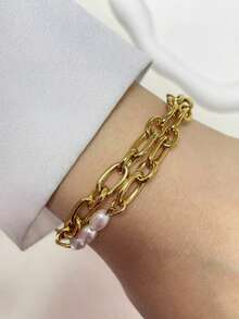 1pc STYLEVER Gold Crystal Double Hole Pendant Letter Bracelet, A-Z Letter Chain, Stainless Steel Chain, Suitable For Celebration And Daily Wear - Golden - View 8