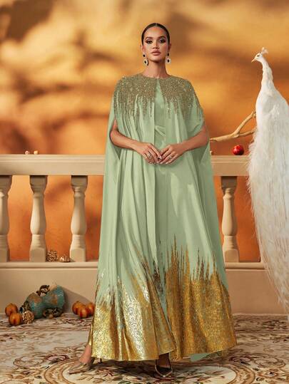 AmazingHoney Gold Green Kaftan-Inspired Long Formal Gown With Heavy Beading And Metallic Hem, Elegant Modest Evening Dress