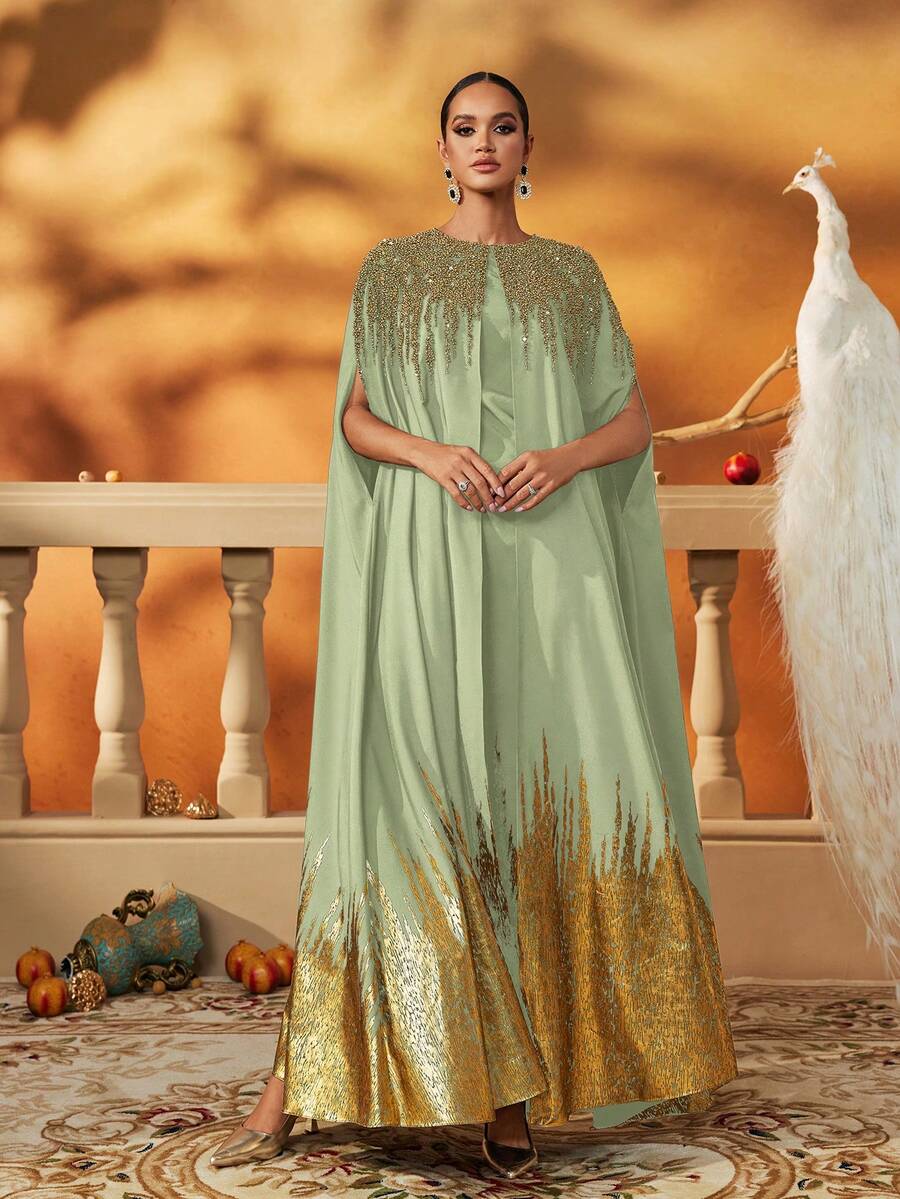 Váy dạ hội dài trang trọng lấy cảm hứng từ Kaftan xanh lá cây vàng với hạt cườm nặng và viền kim loại, váy dạ hội thanh lịch, kín đáo - Quả xanh - Xem 1
