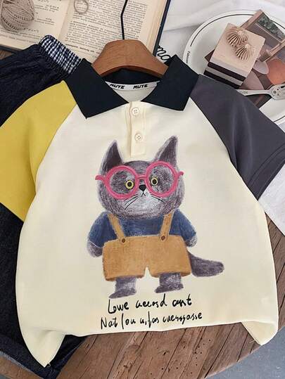 儿童夏季 Polo 衫短袖男童女童百搭卡通拼色 T 恤上衣