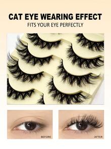 Asiteo 5 Pairs/Pack Natural Cat Eye Thick & Fluffy False Eyelashes, Dramatic Messy Faux Mink Lashes, Lengthening Eyelash Strips, Fox Eye Lifting Makeup Effect, Full Strip Lashes Can Extend And Thicken Outer Corner - 眼尾拉長款 - 查看 2