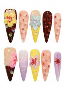10pcs Hawaiian Dopamine 3D Devil Flower Handmade Acrylic Press On Nails, Colorful Summer Nails Extra Long Stiletto Pointed Fake Nails, Full Coverage French Tip Nails With Jelly Glue And Nail File, DIY Nail Art Supplies