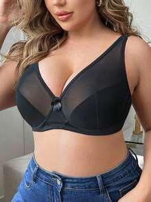 1pc Women Plus Size Black Breathable Mesh Soft Padded Bra With Underwire, Casual & Simple - Black - View 1