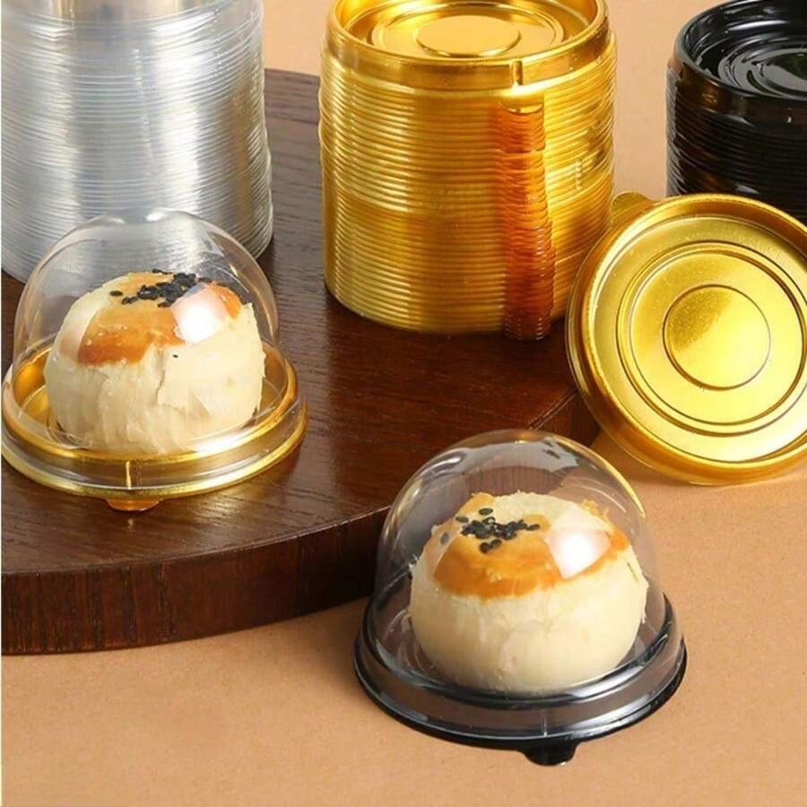 50个透明迷你蛋糕盒带盖圆形纸杯蛋糕托塑料蛋黄泡芙容器月饼圆顶盒烘焙包装盒厨房烘焙工具厨房用品 - 彩色 - 查看 1