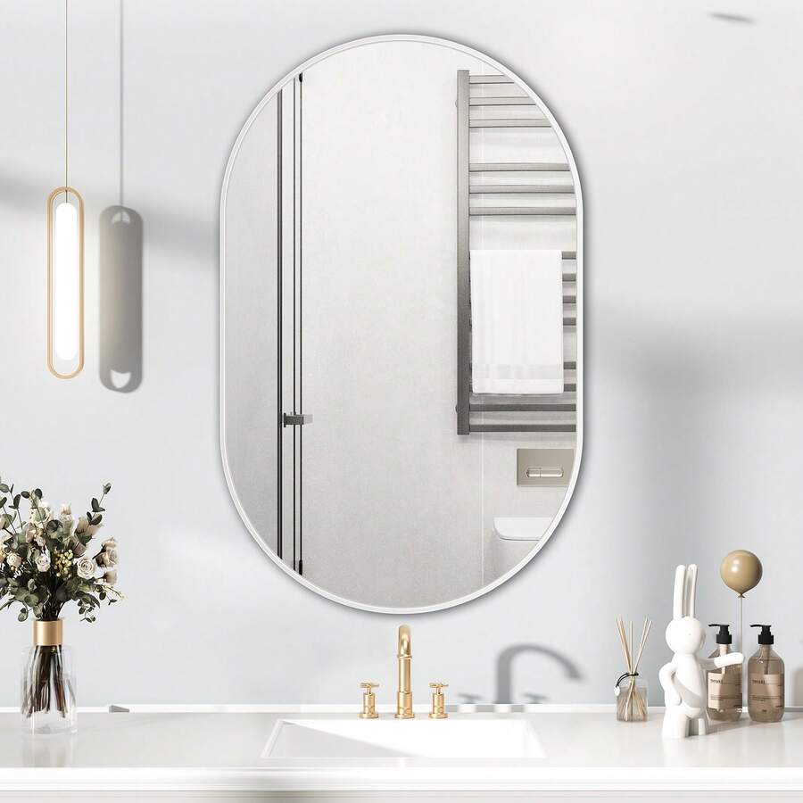 HIGHBATH Large Oval Wall Mirror, White Metal Frame, HD Glass, For Bathroom, Living Room, Bedroom - White - View 1