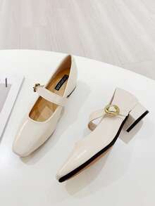 法式时尚通勤低帮鞋女韩版仙女风粗跟玛丽珍鞋系带扣小皮鞋大码41-43 - 白色 - 查看 4