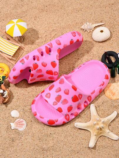1 Pair Girls' Comfortable, Fashionable, Lightweight, Casual Bright Pink Soft Strawberry Foam Slippers For Indoor/Outdoor, Beach Use, Spring/Summer
