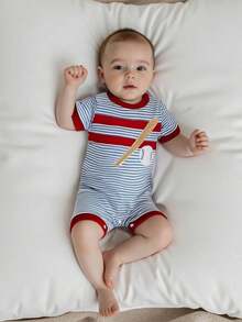 Baby Boy Baseball Embroidered Romper Striped Short Sleeve Waffle Knit Bodysuit Casual Summer Clothes - Blue - View 5