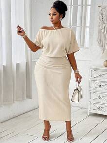 Đầm xòe màu trơn hở vai gợi cảm cỡ lớn cho nữ mùa xuân hè hàng ngày kèm váy - Màu be - Xem 2