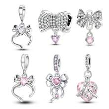 1 pingente de laço rosa prateado, pingente em forma de borboleta incrustado com zircônia cúbica, pingente de borla em forma de coração, adequado para pulseiras, joias faça você mesmo, joia de presente em estilo doce para mulheres