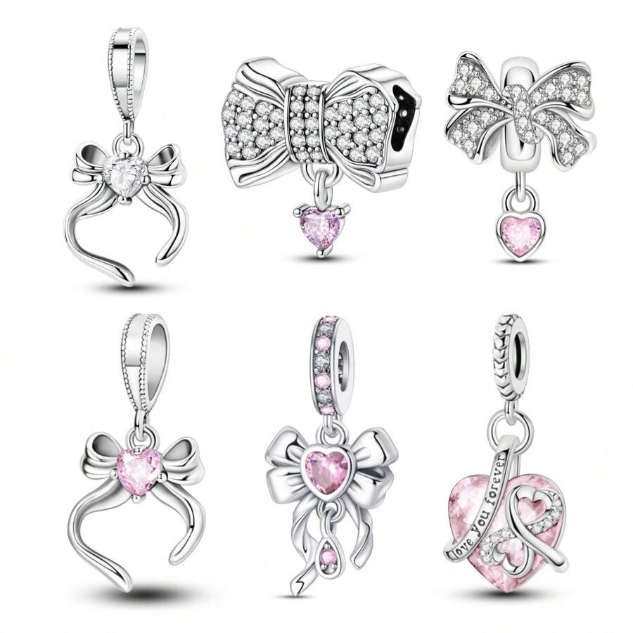 1 pingente de laço rosa prateado, pingente em forma de borboleta incrustado com zircônia cúbica, pingente de borla em forma de coração, adequado para pulseiras, joias faça você mesmo, joia de presente em estilo doce para mulheres