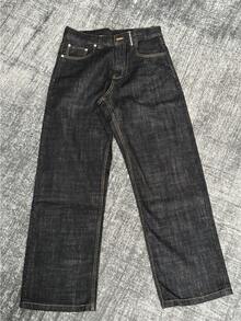 2025 Men's Black Selvedge Denim Jeans - Raw Narrow Loom Straight Wide Leg A-Line Pants - Black Regular Style - View 1