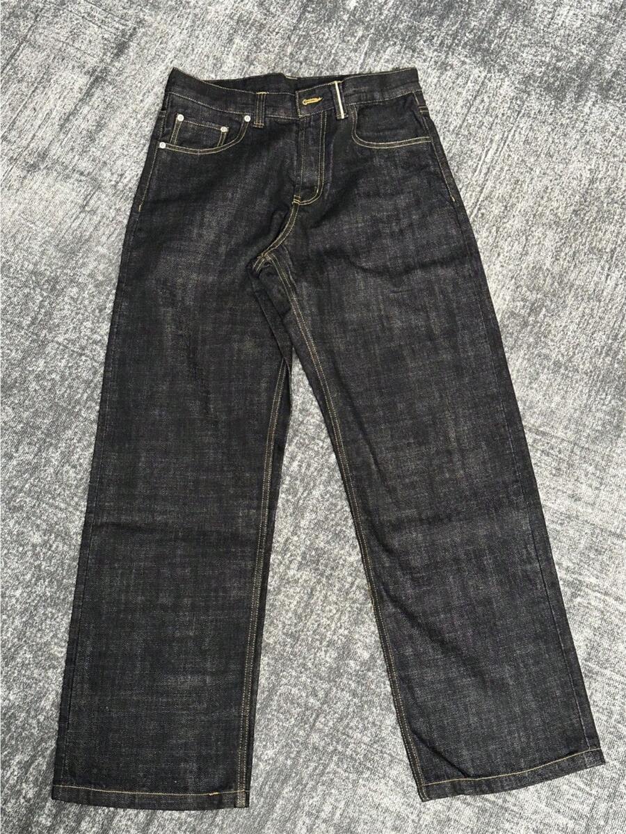 2025 Men's Black Selvedge Denim Jeans - Raw Narrow Loom Straight Wide Leg A-Line Pants - Black Regular Style - View 1