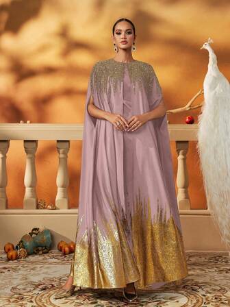 AmazingHoney Elegant rosa och guldfärgad gradientklänning, handgjord med kraftig utsmyckning, golvlång aftonklänning för bal, gala och bröllop, balklänningar för kvinnor, arabiska klänningar för kvinnor, abayaklänning, kaftanklänning