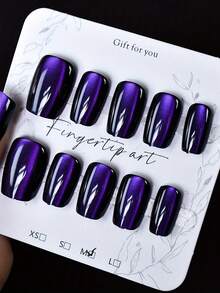 10Pcs Purple/Red/Blue-Black Cat'S Eye Press On Nail Set - Glossy Full Coverage Square False Nails With Popular Art Design, Suitable For Hand And Foot Care Nail Supplies Nails - Purple - View 2
