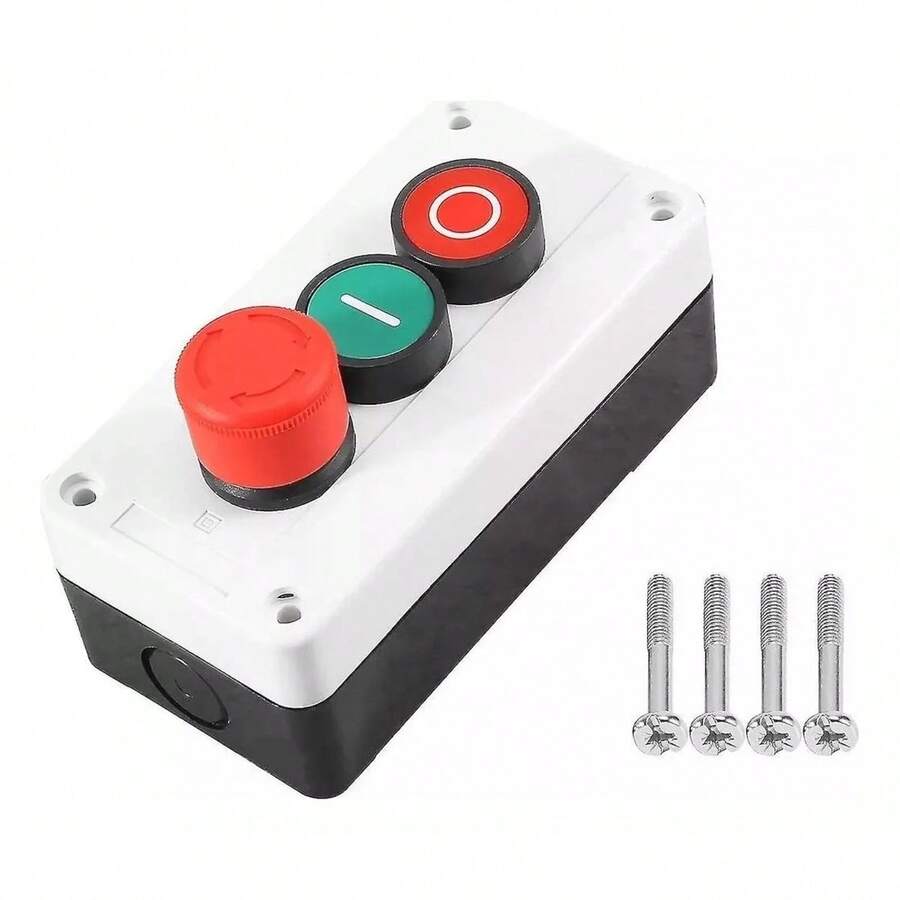 Panel pulsador industrial 3 botones Arranque Parada Emergencia, ampliamente utilizado en espacios industriales, comerciales y domésticos - Blanco - Ver 1