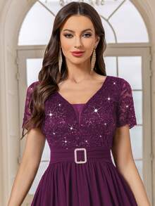 MIUSOL Deep V Neck Sequin Floral Lace Contrast Chiffon Pleated Hem Prom Party Swing Dress,For Birthday, Wedding Guest, Graduation Homecoming - Maroon - View 8