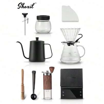 shoxil 咖啡套装、宰牲节礼物、02号手冲咖啡套装、手冲咖啡套装、便携式旅行咖啡配件工具、内含600毫升咖啡壶和温度计、600毫升玻璃咖啡壶（带V02滴滤）、手动咖啡研磨机、咖啡勺、咖啡秤、玻璃咖啡罐、咖啡研磨机清洁刷、100张咖啡滤纸、送给家人和朋友的节日礼物
