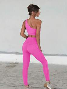 Fisoew Women's 2-Piece Workout Set - High Waisted Yoga Leggings & One Shoulder Sports Bra | Seamless Activewear Gym Tracksuit, Running Outfit | Plus Size, Streetwear, Tennis, Yoga, Fitness, Matching Sets, Viral - Hồng - Xem 2