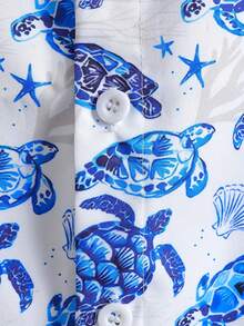 Tween Boy Tropical Beach Holiday , Casual Short Sleeve Blue Turtle & Starfish Print Shirt, Suitable For Outdoor Leisure And Vacation Wear , Travel Essential - Blue - View 6