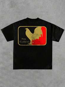 Playera de verano para hombre, estampado de gallo, cuello redondo, manga corta, 100 % algodón, 220 g, algodón grueso, cómoda