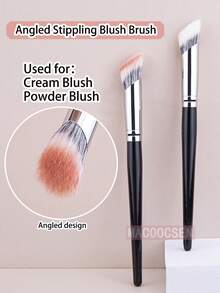 1pc Angled Stippling Blush Brush Diffusion Powder Liquid Makeup Stippling Blusher Brushes Angled Duo Fiber Goat Hair Beauty Tools - Black - View 2