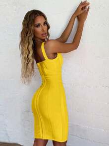 Summer Elegant Spaghetti Strap V Neck Short Bodycon Dress Women Ribbed Bandage Dress Sexy Yellow Night Out Cocktail Party Dress Clothes - Yellow - View 10