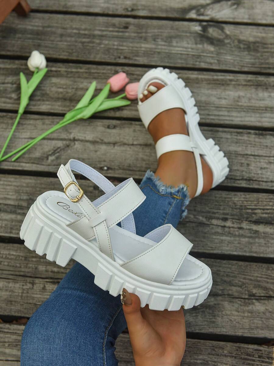 女士厚底凉鞋，优雅柔软底部舒适户外休闲百搭增高透气轻便凉鞋 - 白色 - 查看 1