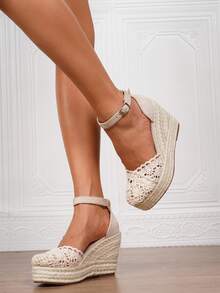 女士纯色简约系带帆布鞋，度假米色绒面革草编平底鞋，黑色坡跟厚底一脚蹬波西米亚编织系带沙滩/婚礼户外凉鞋，四季皆宜 - 杏色 - 查看 7