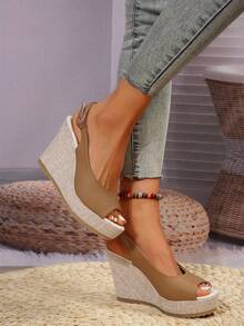 Khaki Woven Bottom Rope Thick Bottom Wedge Heel Peep Toe Sandals, Versatile - Khaki - View 8