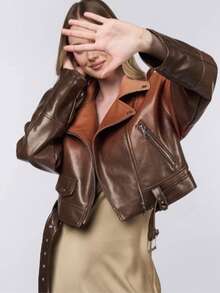 新款女士渐变色短款机车皮夹克，街头潮流设计