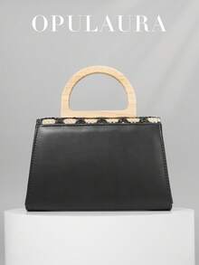 OpulAura Summer Vacation Style Woven Clutch Bag, Fashionable Floral Pattern Straw Texture Handbag, Party/Evening Bag, Random Cut, Suitable For Women, Suitable For Party, Wedding, Prom, Very Suitable For Party, Wedding, Prom Evening/Banquet, Paired With Holiday Party Dresses, Evening Gowns And Beachwear - Black - View 4