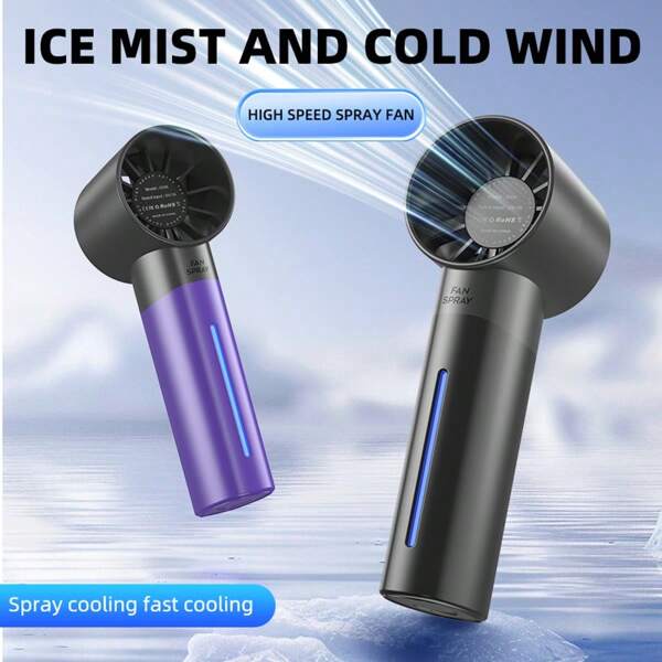 1pc Rechargeable Handheld Mist Fan With 5 Wind Speeds, 13000RPM Brushless Motor, 1200mAh Battery, Mist Spray Cooling Function, Ideal For Summer, Outdoor Sports, Travel, Camping, High-Speed Portable Fan