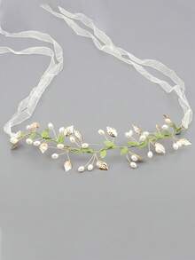 1pc Pastoral Style Ribbon & Faux Pearl Headband, Delicate Green Leaf Floral Wreath Headdress For Bridal Wedding Hair Accessories