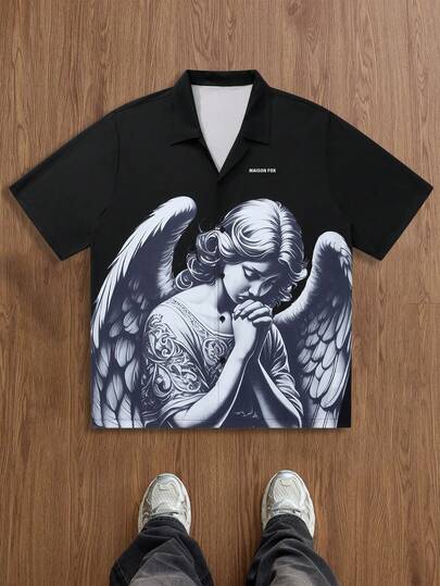 MAISONFOX 男士夏季休闲沙滩度假纽扣衬衫，复古街头风天使印花宽松衬衫