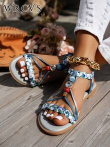 WRCVS 蓝色女士凉鞋，交叉带平底凉鞋，露趾，轻便，防滑，度假风格，编织图案随机流苏波西米亚户外凉鞋