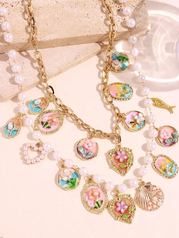 1pc Vintage Elegant Floral Necklace, Multicolor Enamel Alloy Pendant Beaded Necklace For Women, Cute Flower, Shell, Fish, Heart Design For Daily Wear