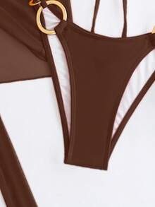 三件套女士情人节芙蓉红泳装，适合夏季从泳池边到海滩的各种场合，包括基本款优雅比基尼、花卉装饰罩衫、沙滩裙、复活节、假日服装、外出上衣、约会之夜服装、所有女士服装、秋季度假服装。 - 咖啡棕 - 查看 5