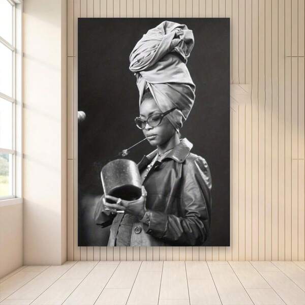 Framed [Artistic Charm] Erykah Badu Canvas Poster - Stylish Music Wall Art With Black And White Photo, Wrapped Canvas Frame, Pine , Ideal For Bedroom, Living Room, Office Decor, Living Room Art|Musicthemed Decor|Headphone Imagery, Music Room Decor