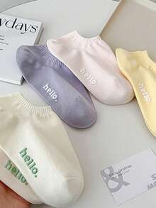 5 Pairs Women's Random 'Hello' Letter Pattern Comfortable Breathable Boat Socks, Versatile Spring/Summer - Multicolor - View 5