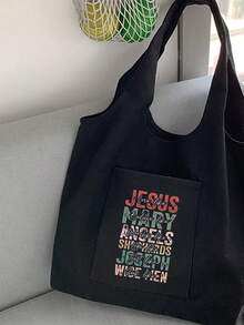 字母印花購物袋，多口袋休閒包，復古字母印花托特包，耶穌愛你基督教印花化妝包，大容量托特包，休閒單肩斜背包，適合畢業生、青少年女孩、大一、大二、大三和大四學生（大學和高中），非常適合戶外活動、旅行和返校，老師禮物筆袋，給好朋友的生日禮物，學生單肩包 - 黑色 - 查看 7
